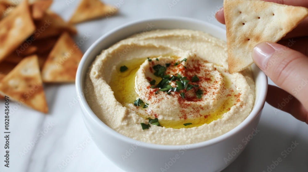 A hand dips a cracker into a bowl of hummus with olive oil and paprika. A hand dips a cracker into a bowl of hummus with olive oil and paprika.