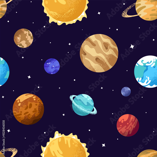 Endless background with solar system. Repeatable pattern of planets, globes, sun, stars, celestial bodies, asteroids in space. Backdrop of universe, cosmos, galaxy. Flat seamless vector illustration