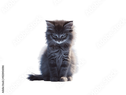 Sad kitten sitting on a blue background PNG transparent. photo