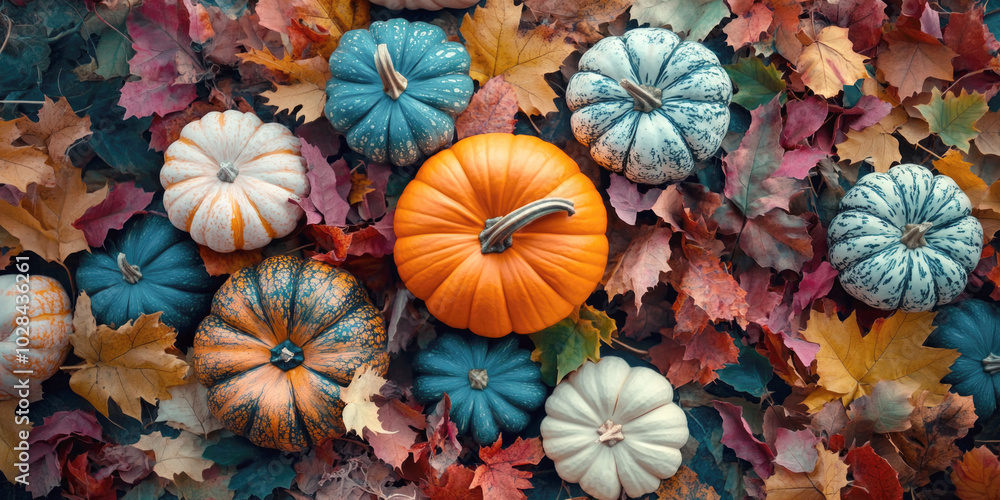 Naklejka premium A variety of colorful pumpkins in shades of orange, blue, and white arranged over vibrant autumn leaves, creating a festive fall scene with rich colors and textures.