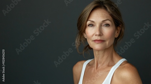 Beautiful older woman in white t-shirt female breast dark background Breast cancer support, prevention, mammography, screening, oncology, cancer treatment
