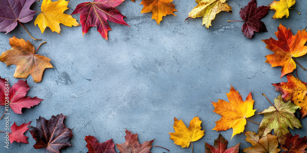 Vibrant autumn leaves in shades of red, yellow, and green arranged on a grey background, creating a colorful seasonal border with natural textures. Vibrant autumn leaves in shades of red, yellow, and green arranged on a grey background, creating a colorful seasonal border with natural textures.