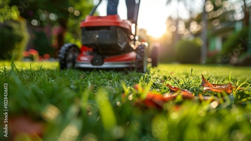 Lawn care is being performed as sunlight filters through trees, highlighting fallen leaves on fresh grass