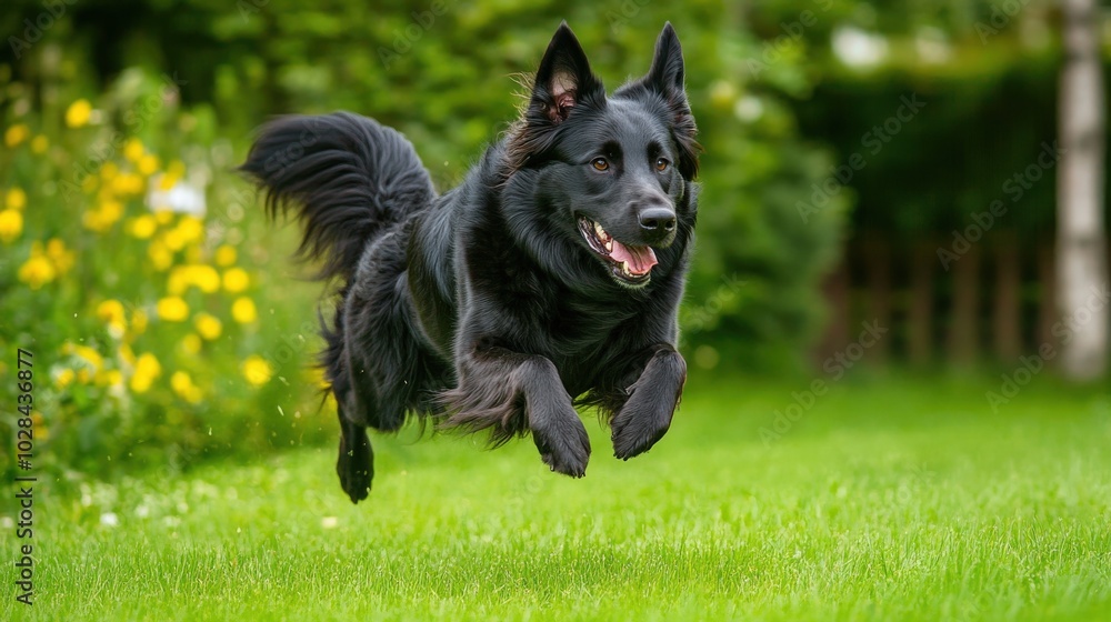 Black German Shepherd Running in Nature. Dog Jumping on Grass Background Black German Shepherd Running in Nature. Dog Jumping on Grass Background