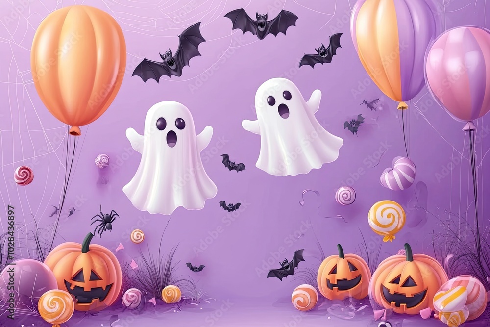 Halloween background vector. Halloween sale and promotion banner design with 3D Ghost and scary air balloons, bat, candy, spider. with generative ai Halloween background vector. Halloween sale and promotion banner design with 3D Ghost and scary air balloons, bat, candy, spider. with generative ai