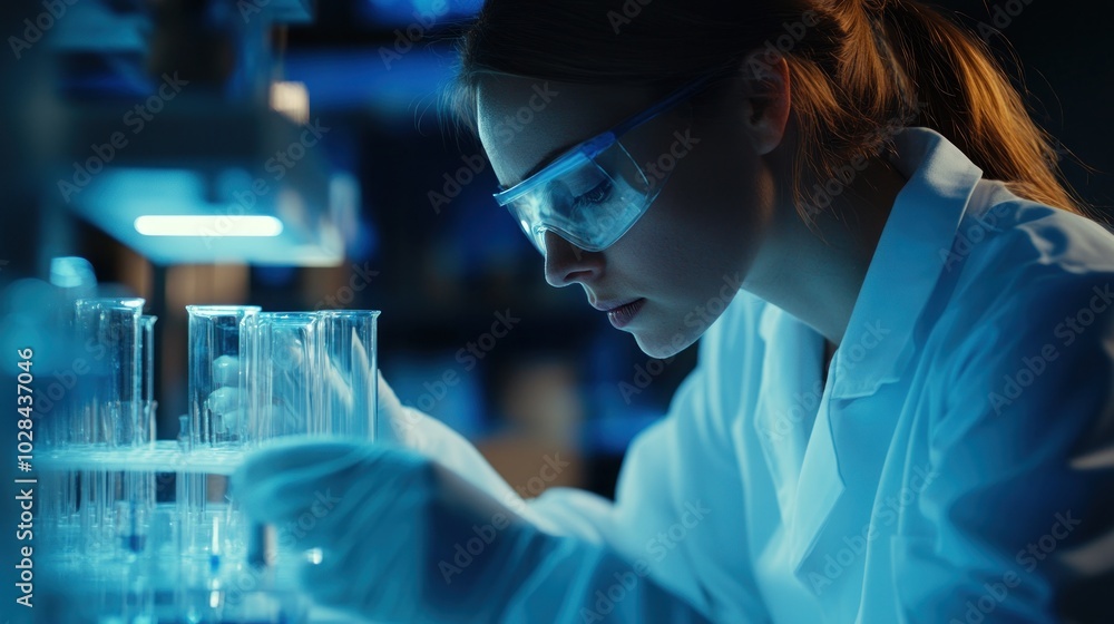 A scientist in a lab carefully handling test tubes under blue lighting. A scientist in a lab carefully handling test tubes under blue lighting.