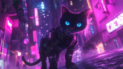 A Black Cat in a Futuristic Cityscape with Neon Lights