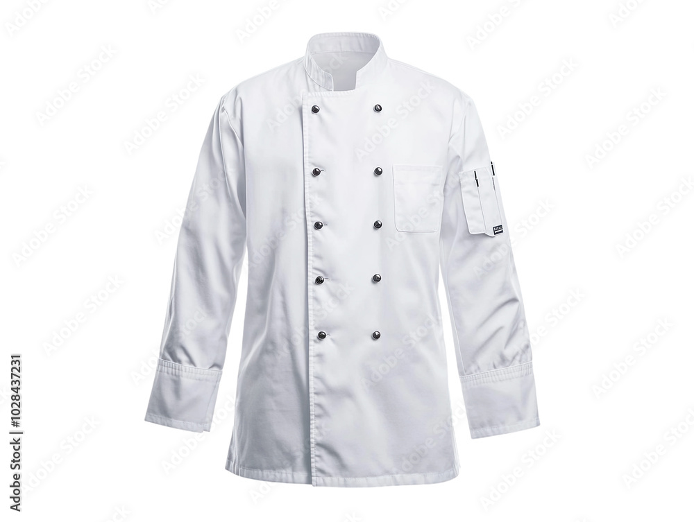 Classic white chef jacket with long sleeves, displayed on a white background. PNG transparent. Classic white chef jacket with long sleeves, displayed on a white background. PNG transparent.