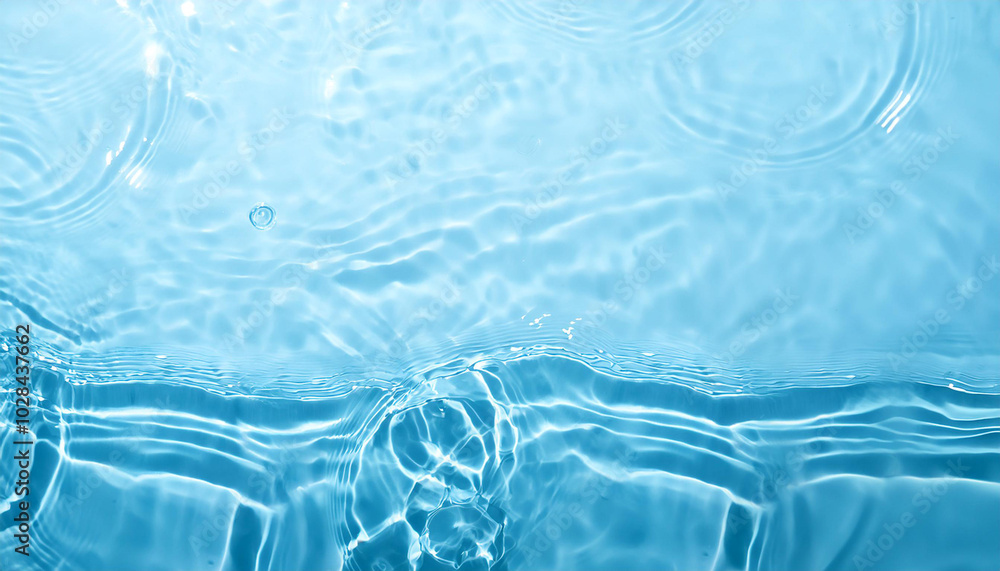 Blurred transparent blue colored clear calm water surface texture with splashes and bubbles. Trendy abstract nature background. Water waves in sunlight with copy space. Blurred transparent blue colored clear calm water surface texture with splashes and bubbles. Trendy abstract nature background. Water waves in sunlight with copy space.