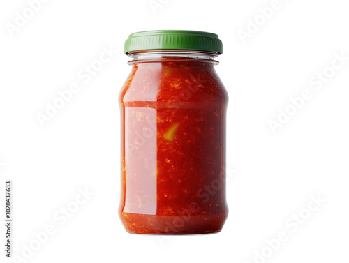 Glass jar filled with tomato sauce, with green lid, on a white background. PNG transparent.