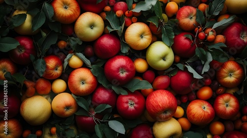 A Colorful Arrangement of Apples, Plums, and Apricots with Green Leaves