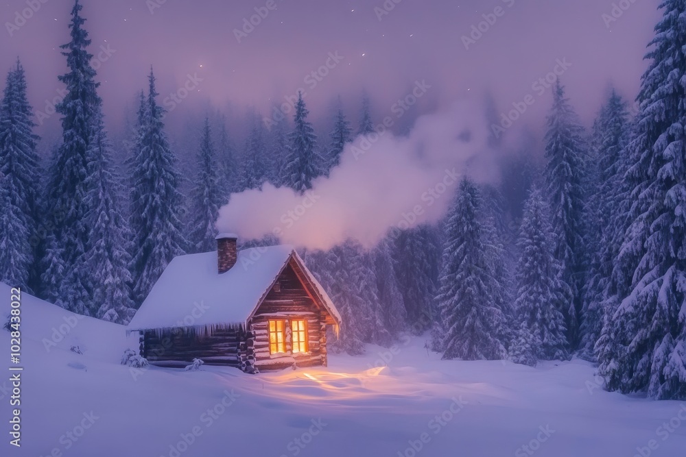 Fototapeta premium A cozy wooden cabin nestled in a snow-covered forest, with smoke rising from the chimney