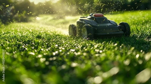 A robotic lawnmower cuts grass on a green lawn with sunlight shining through the grass blades.