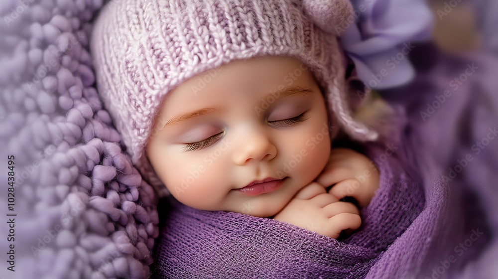 A newborn baby girl is sleeping peacefully on a purple blanket. A newborn baby girl is sleeping peacefully on a purple blanket.