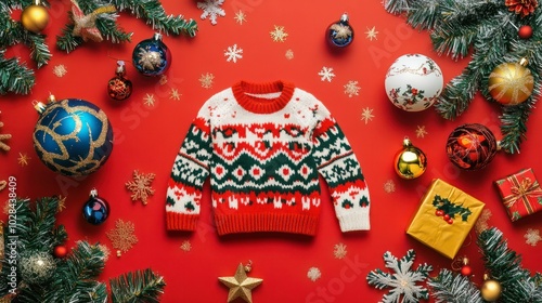 festive national ugly christmas sweater day decorations in vibrant flat lay composition photo