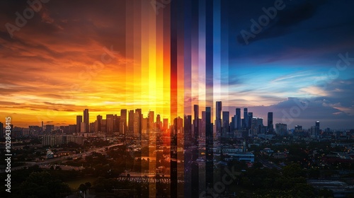 a sunrise over a city skyline, capturing the transition from night to day. photo