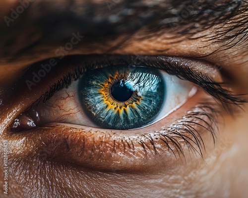 Close up of an eye of an Eastern European man, grayblue iris with strong cheekbones photo