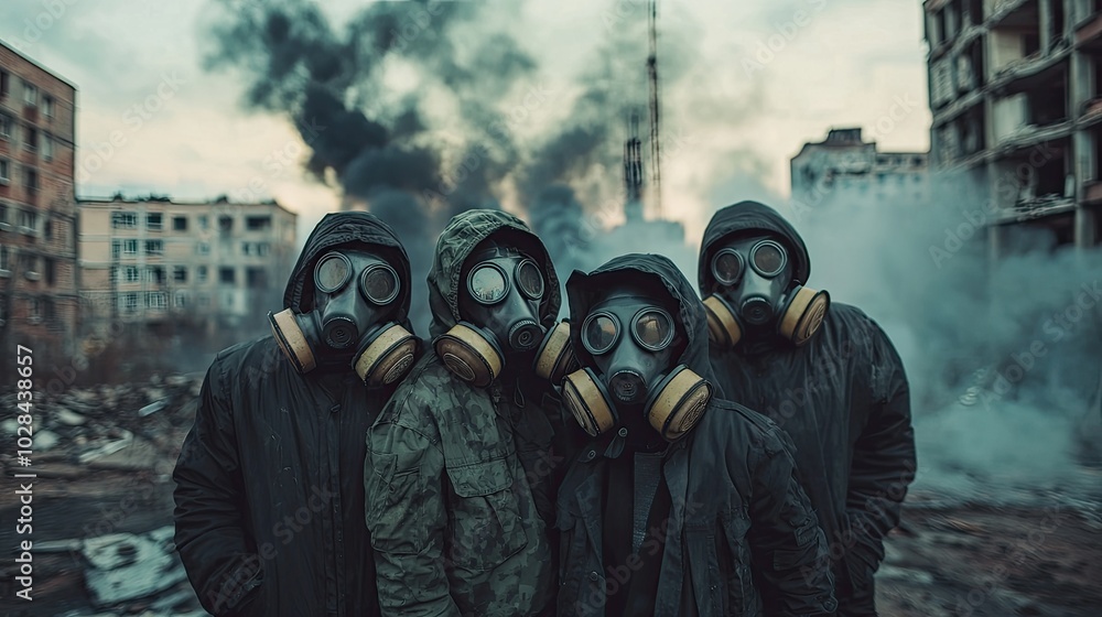 Group of people in gas masks. Generated by AI. Group of people in gas masks. Generated by AI.
