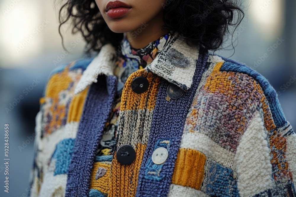 Close-up of a woman wearing a colorful patchwork knitted cardigan. Close-up of a woman wearing a colorful patchwork knitted cardigan.