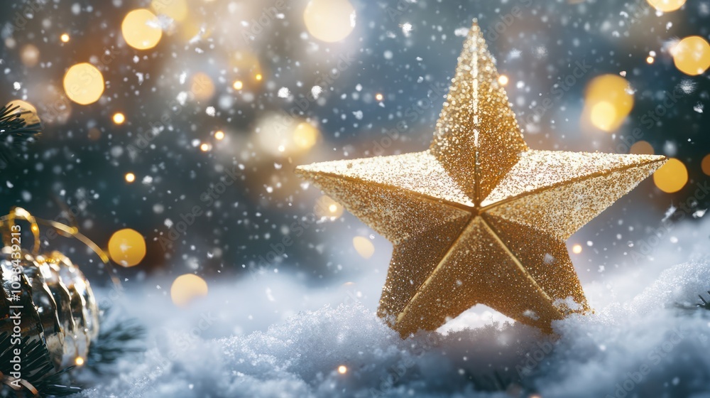 Golden star Christmas tree ornament in snow, bokeh lights, winter holiday decoration banner Golden star Christmas tree ornament in snow, bokeh lights, winter holiday decoration banner