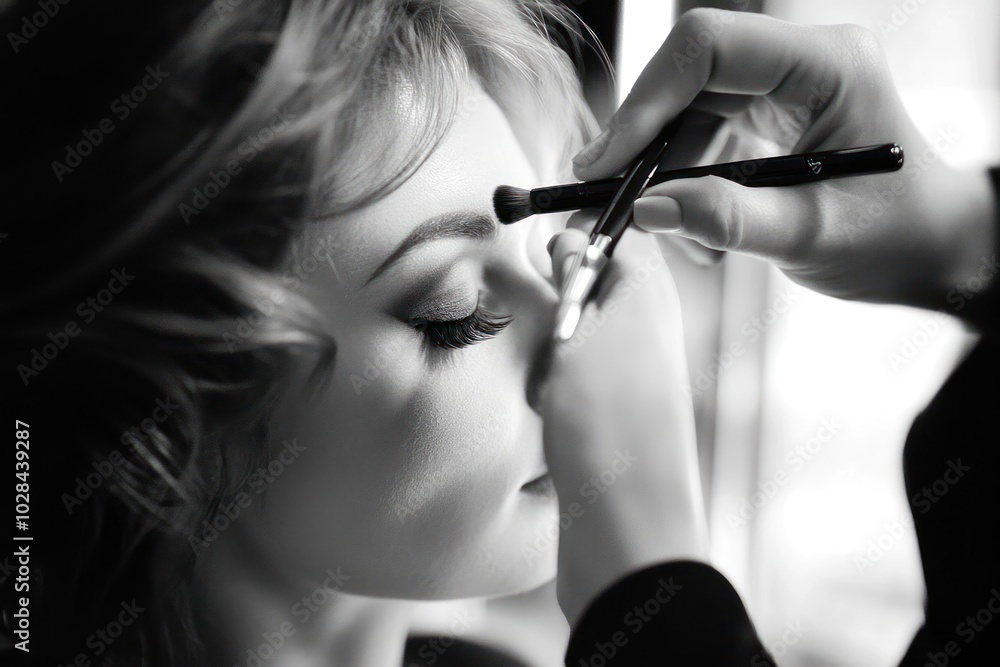 Obraz premium Close-up of a woman's face as a makeup artist applies eyeshadow with a brush.