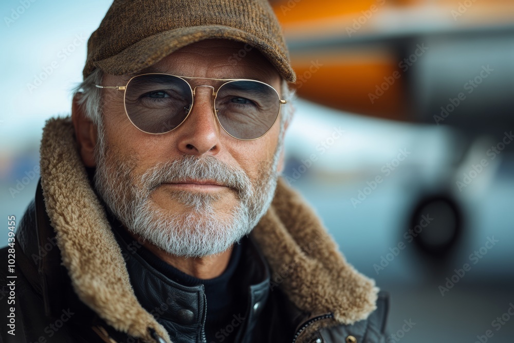 Man wearing a brown hat and sunglasses is standing in front of an airplane. He looks serious and focused. older, cool man, sitting relaxed in front of an airplane Man wearing a brown hat and sunglasses is standing in front of an airplane. He looks serious and focused. older, cool man, sitting relaxed in front of an airplane