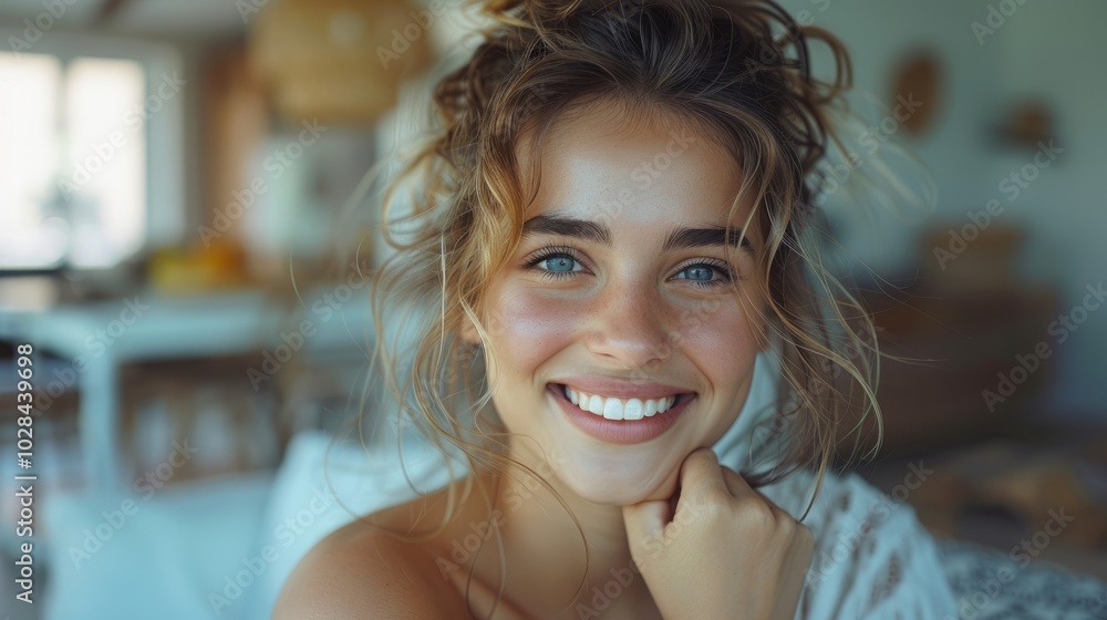 A woman with a cheerful expression sits casually, showcasing her glowing skin and natural beauty in a warmly lit interior