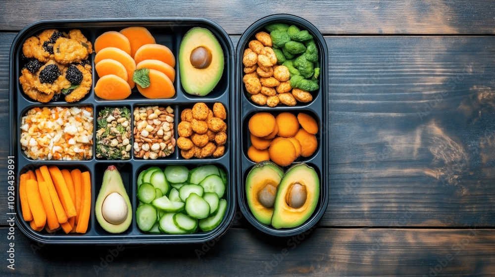Overhead view of a healthy meal prep box containing assorted fruits, vegetables, nuts, and seeds on a wooden surface. Overhead view of a healthy meal prep box containing assorted fruits, vegetables, nuts, and seeds on a wooden surface.