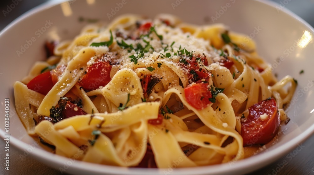 Close-up of Fettuccine Pasta with Cherry Tomatoes, Parmesan Cheese, and Basil Close-up of Fettuccine Pasta with Cherry Tomatoes, Parmesan Cheese, and Basil