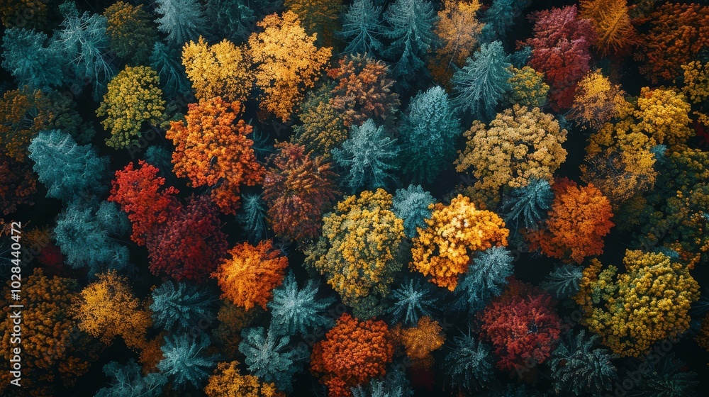 Obraz premium Aerial view of an autumn forest showcasing colorful trees with vibrant hues of orange, red, yellow, green, and brown.