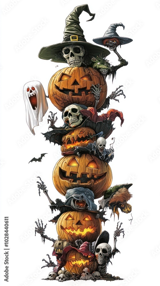 A creative Halloween display featuring a stack of carved pumpkins, skeletons in witch hats, ghosts, and bats, creating a whimsical and spooky scene. A creative Halloween display featuring a stack of carved pumpkins, skeletons in witch hats, ghosts, and bats, creating a whimsical and spooky scene.