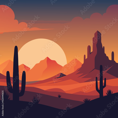 A rugged desert landscape with towering cacti and a dramatic sunset