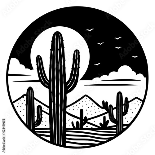 A rugged desert landscape with towering cacti and a dramatic sunset