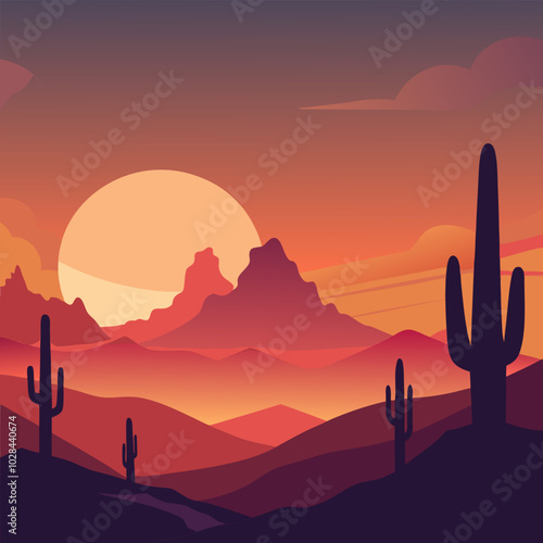 A rugged desert landscape with towering cacti and a dramatic sunset