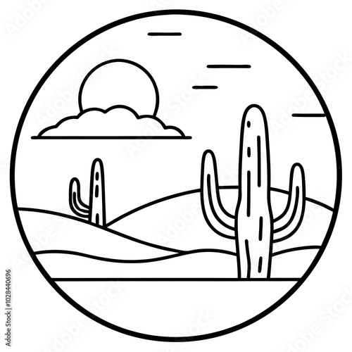 A rugged desert landscape with towering cacti and a dramatic sunset