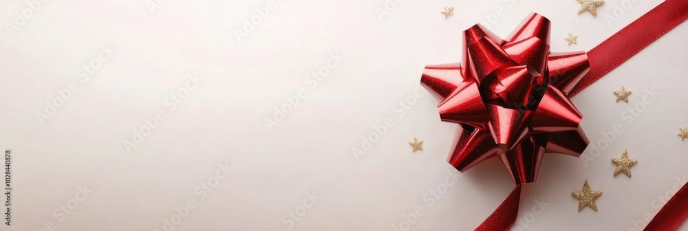 A vibrant red gift bow on white wrapping paper with glittering gold stars, perfect for holiday celebrations and festive occasions A vibrant red gift bow on white wrapping paper with glittering gold stars, perfect for holiday celebrations and festive occasions