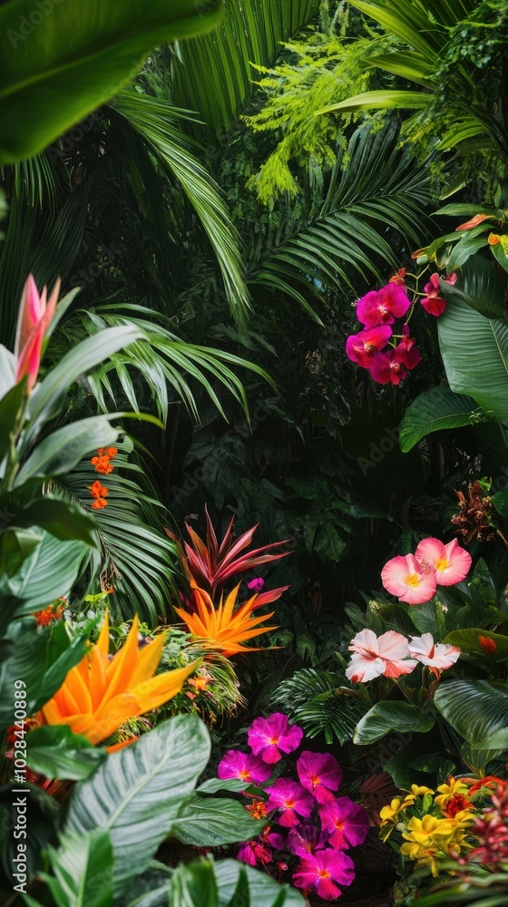 A garden of tropical flowers with bold bright blooms such as orchids A garden of tropical flowers with bold bright blooms such as orchids