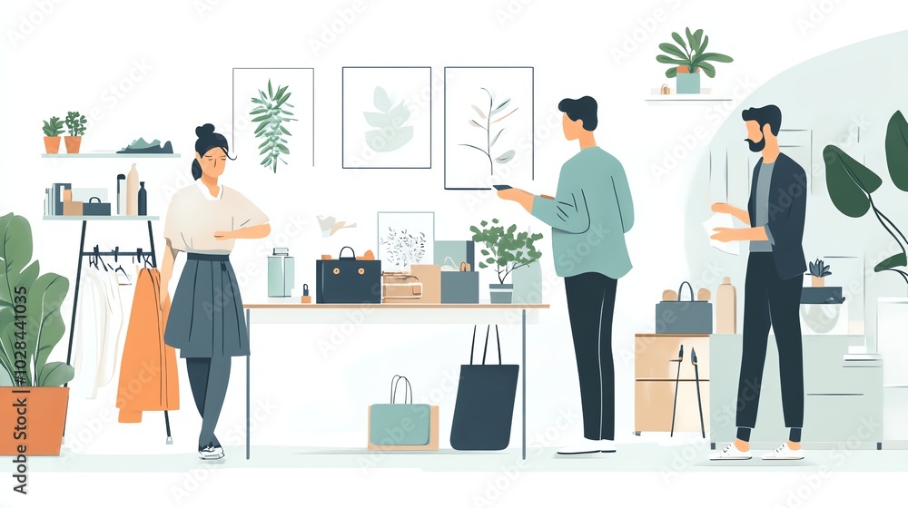 An illustration of a retail store with a woman working behind the counter and customers. An illustration of a retail store with a woman working behind the counter and customers.