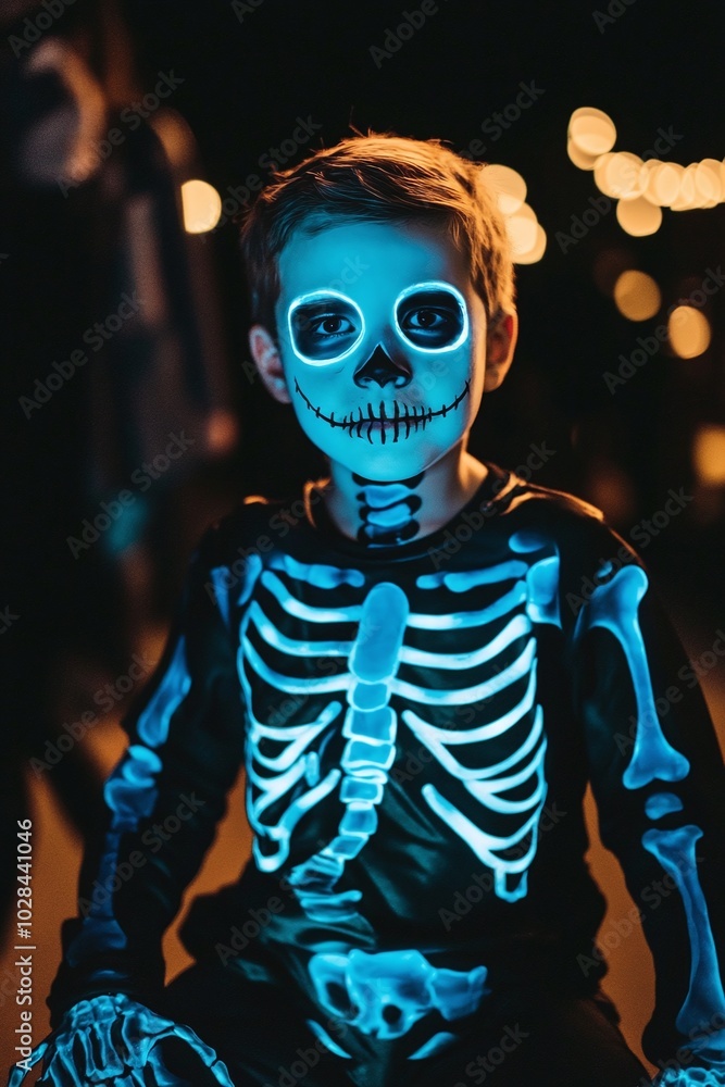 A child in a classic skeleton costume, with a black outfit and glow-in-the-dark bones, posing for a photo A child in a classic skeleton costume, with a black outfit and glow-in-the-dark bones, posing for a photo