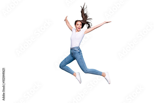 Wallpaper Mural Full body photo of lovely girl raising hands arms jumping screaming isolated over blue background Torontodigital.ca