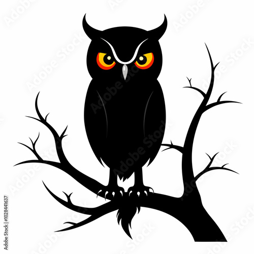 An owl perched on a creepy tree branch silhouette vector illustration on white background