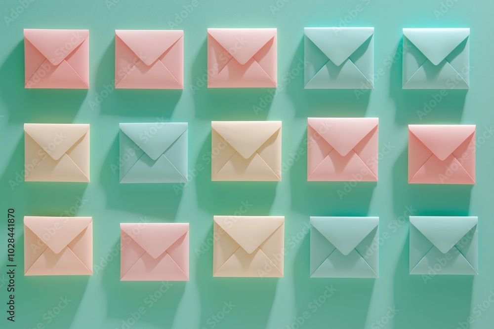 Three dimensional pattern of rows of pastel colored envelopes flat laid against green background Three dimensional pattern of rows of pastel colored envelopes flat laid against green background