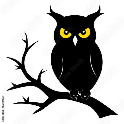 An owl perched on a creepy tree branch silhouette vector illustration on white background