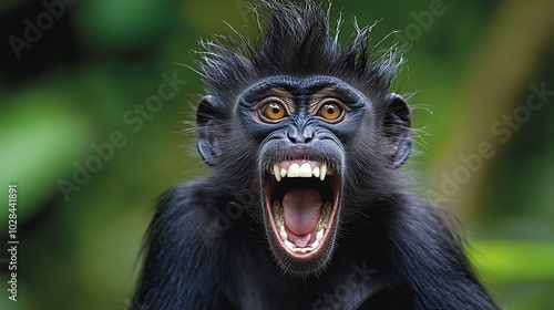 Expressive Black Monkey with Spiked Hair Showing Sharp Teeth