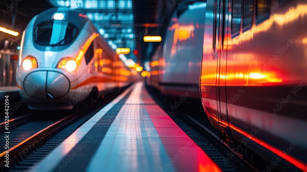A high-speed train at a modern station, reflecting lights and colors on the platform. A high-speed train at a modern station, reflecting lights and colors on the platform.