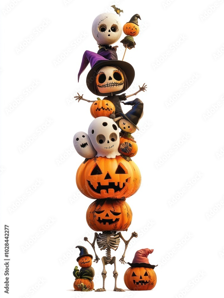 A creative Halloween display featuring a stack of carved pumpkins, skeletons in witch hats, ghosts, and bats, creating a whimsical and spooky scene. A creative Halloween display featuring a stack of carved pumpkins, skeletons in witch hats, ghosts, and bats, creating a whimsical and spooky scene.