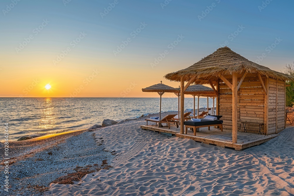 Beach massage hut at sunset with umbrellas and chairs, featuring a straw roof, wooden structure, and a massage table inside for outdoor spa treatments on the sandy shore. Beach massage hut at sunset with umbrellas and chairs, featuring a straw roof, wooden structure, and a massage table inside for outdoor spa treatments on the sandy shore.