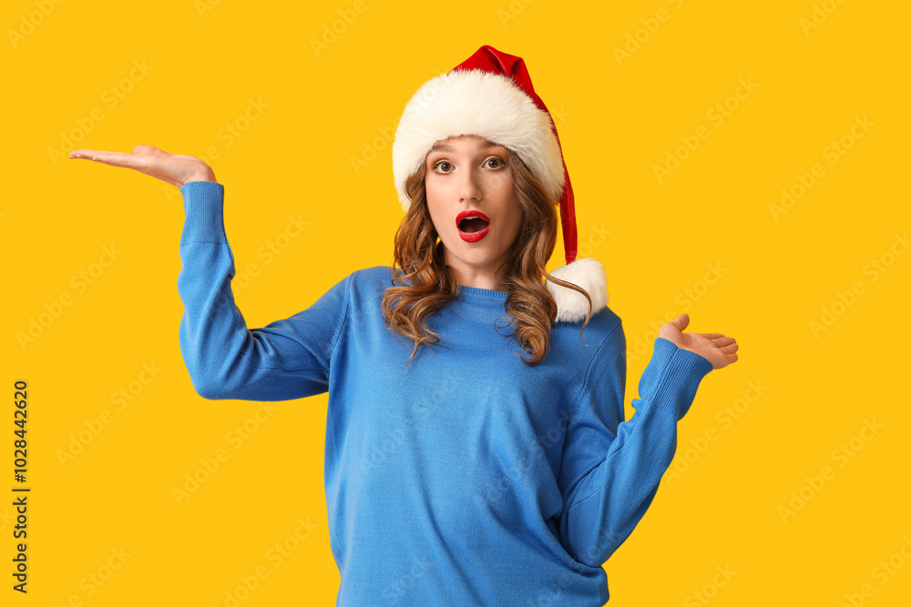 Shocked young woman in Santa hat on yellow background Shocked young woman in Santa hat on yellow background