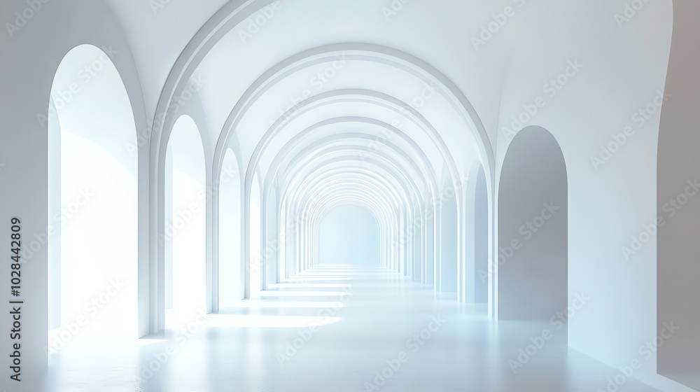 A long, white arched hallway with light shining through the arches. A long, white arched hallway with light shining through the arches.