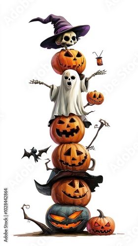 A scene of Halloween joy with skeletons, carved pumpkins, ghosts, bats, and witches, symbolizing a fun and spooky holiday celebration. photo